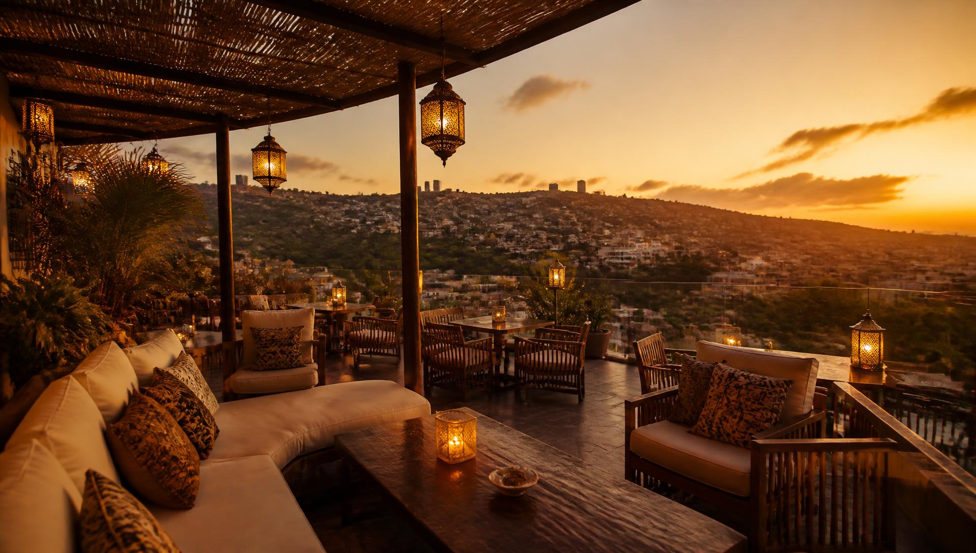 Terrace at Puma Aparthotel overlooking Kigali at sunset